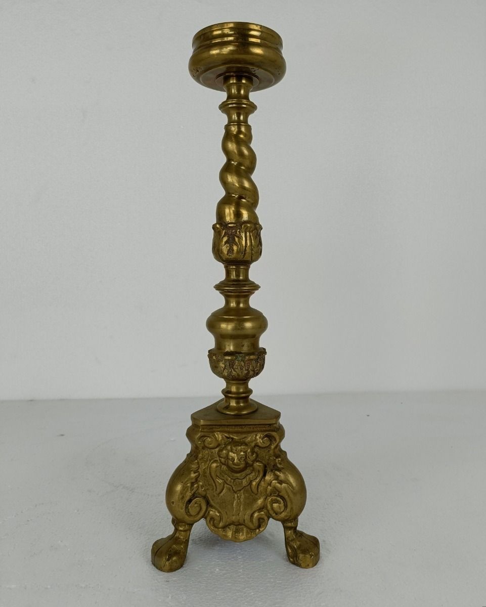 Gothic Large Candle Stick Candle Holder Brass Angel Faces Twisted Stem Ornate photo for sale