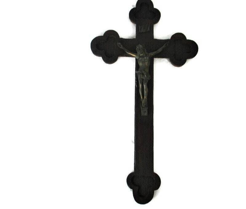 Hand Carved Wood Hanging Ornate Crucifix Jesus Christ Christianity  Faux Brass