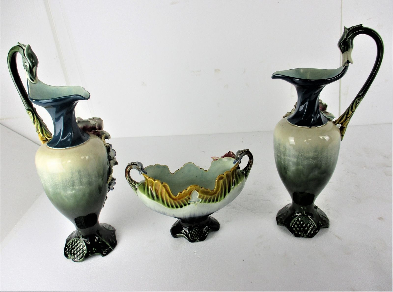 Set Of 3 French Barbotine Majolica Vases Planters Centerpiece Pitchers Art Nouve photo buy
