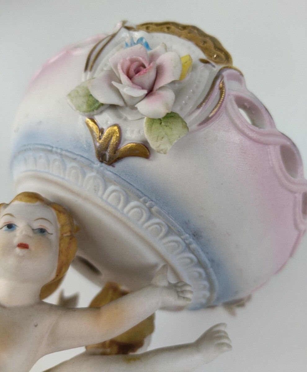 photo furniture Porcelain Centerpiece Statue Basket 3 Lovely Children Carrying Basket Flowers VI