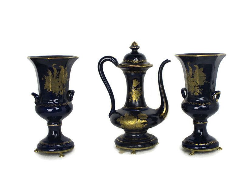 Garniture Mantle Set 2 Vases + Teapot Porcelain D'art Paris Decor Sevres Style