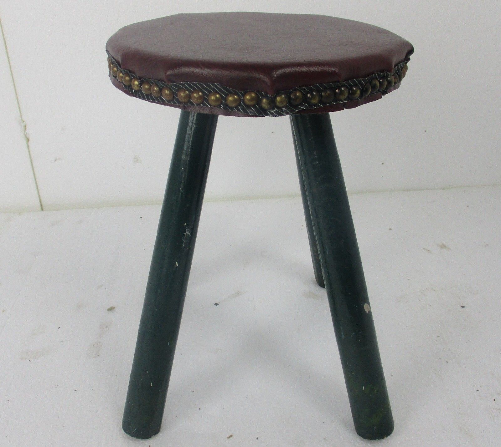 Vintage Hand Carved Wood Tripod Milking Stool Pedestal  Green Leather Hobnails photo furniture