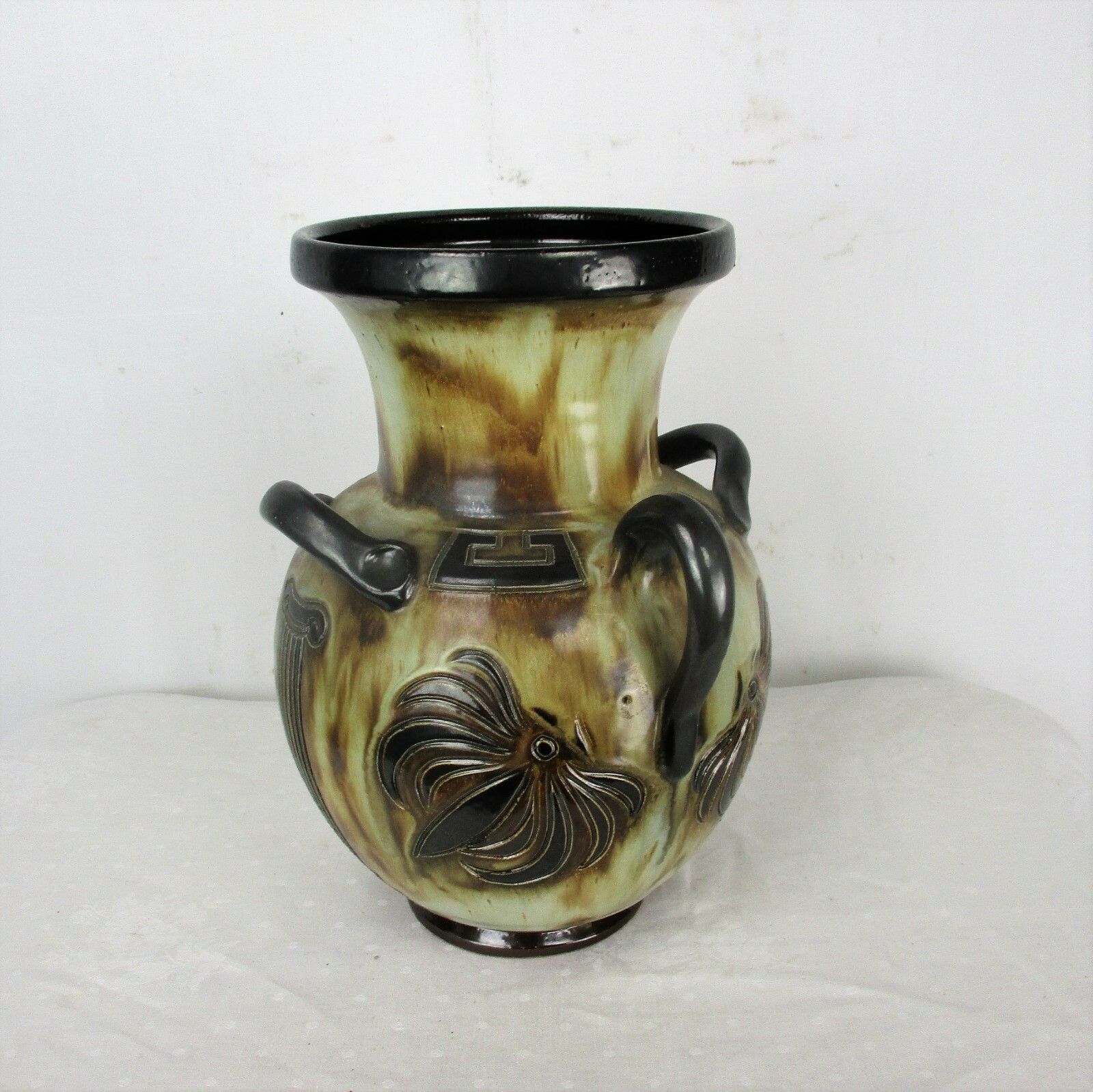 Art Deco Revival Vase Marked Guerin 3 Handles Greek Mythology Stoneware  12.20" photo 185.0
