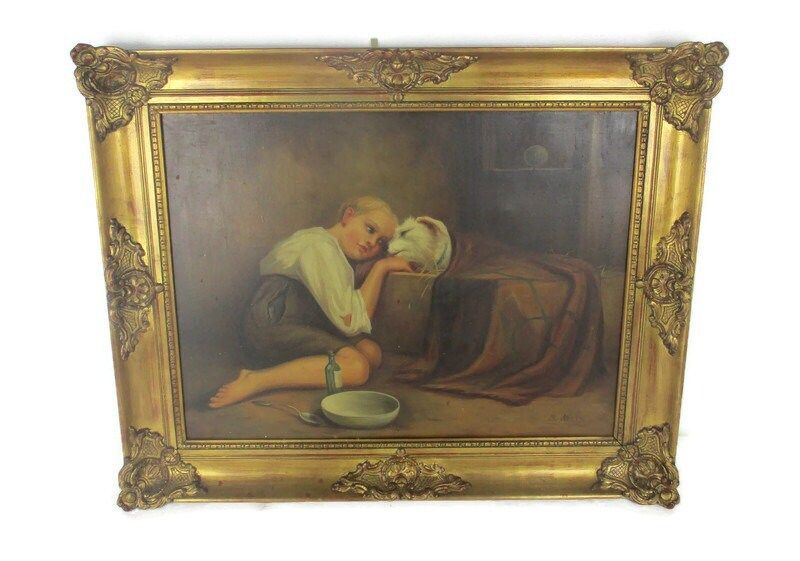 Oil Painting On Canvas Gorgeous Wooden Frame Girl Looking After Sick Dog  Exquis