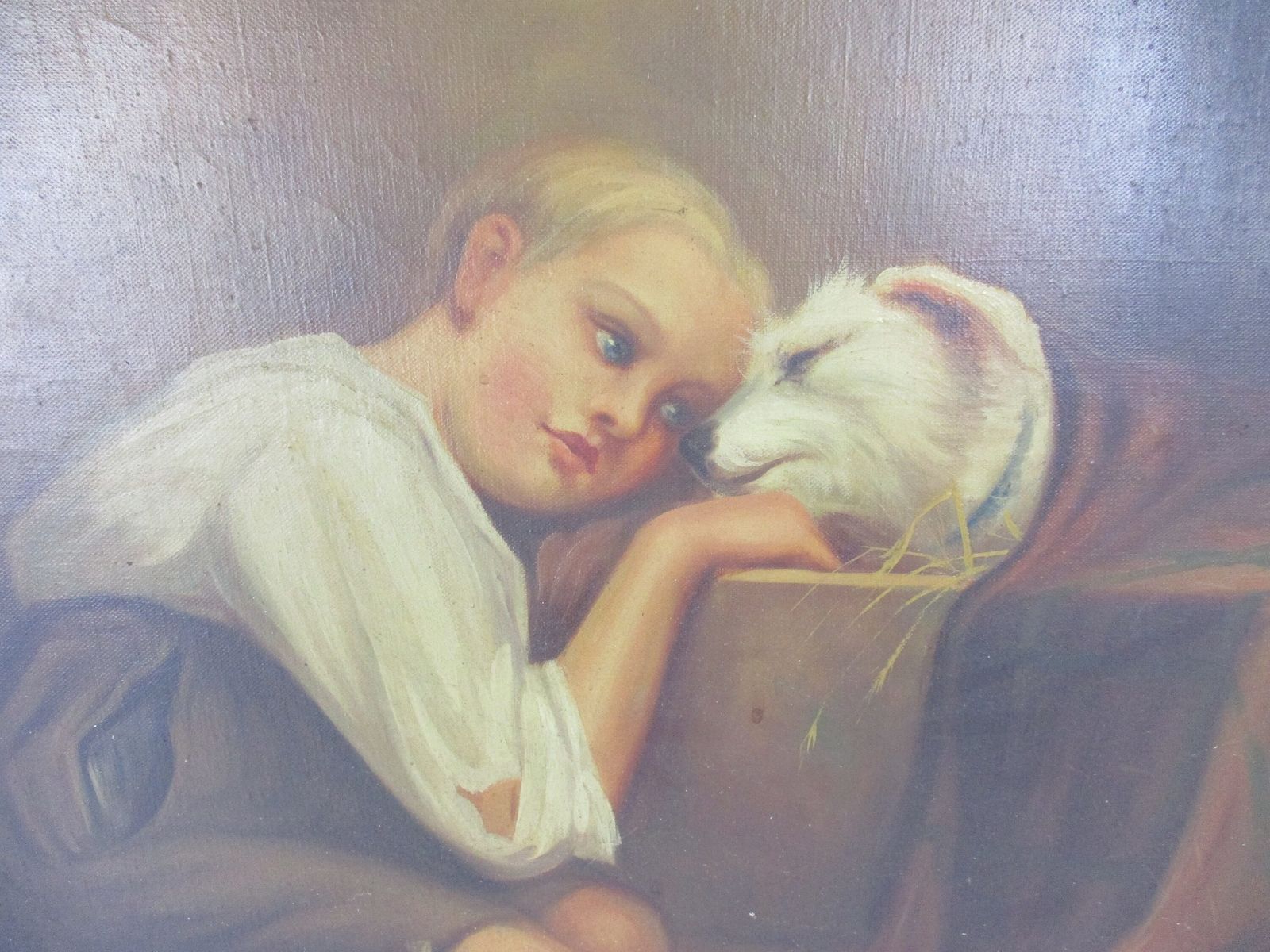 Oil Painting On Canvas Gorgeous Wooden Frame Girl Looking After Sick Dog  Exquis photo furniture
