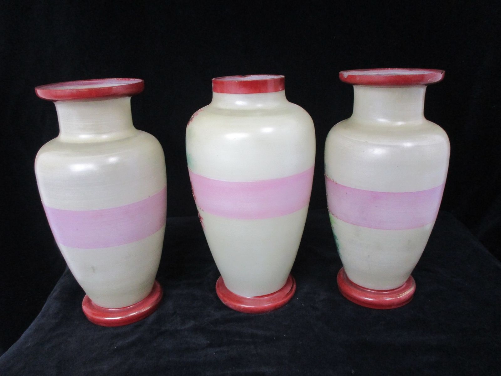 Set Of 3 Antique Vases Garniture Set Hand Painted Art Glass Ormolu Flowers Castl photo vintage