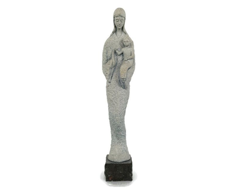 Virgin Mary Madonna Holy Mother Infant Child Plaster Statue On Granite Base Mode