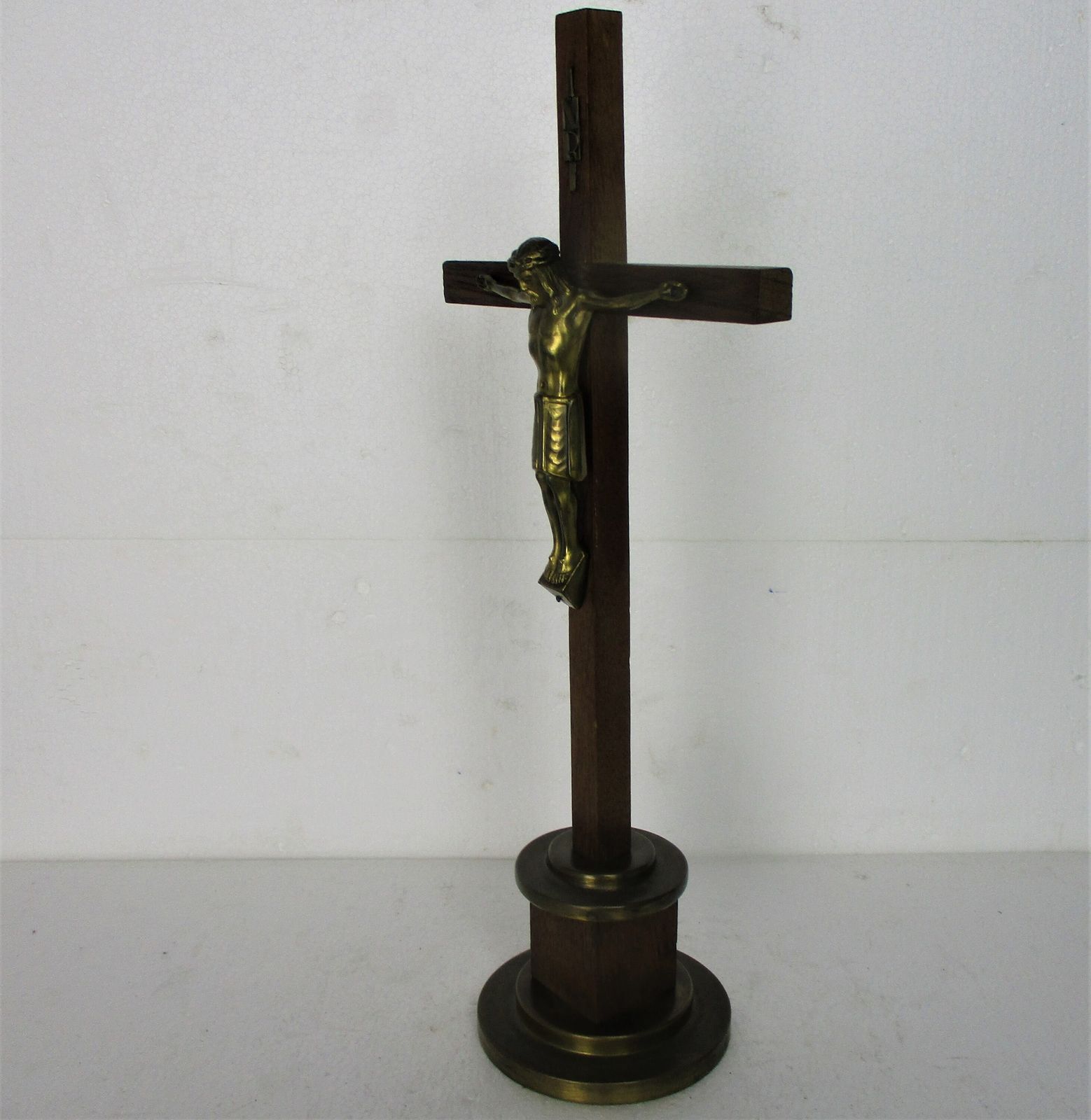 Standing Crucifix Corpus Christi Cross Jesus Christ Calvary Brass Wood Modernist photo vintage