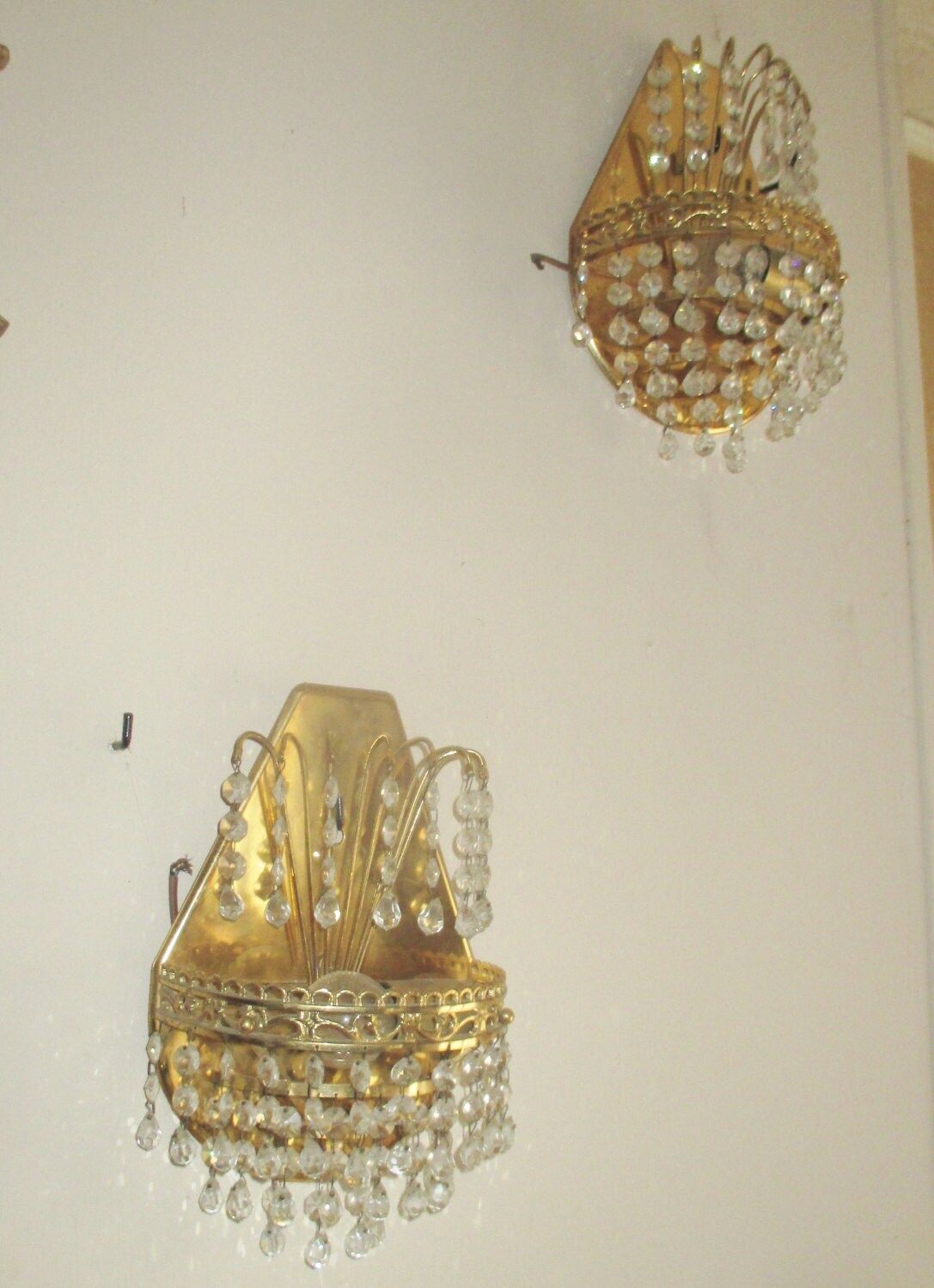 Antique Italian Petite Empire Brass Prisms Chandelier Sconces Wall Lamps Pair photo furniture