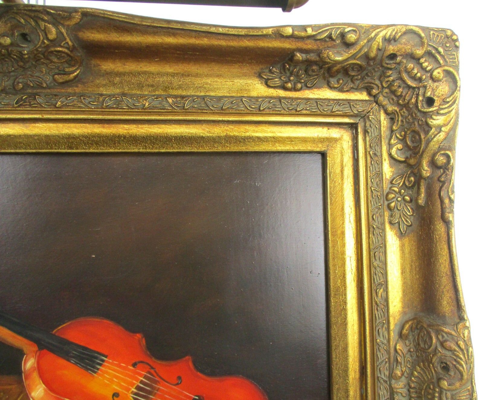 Oil Painting On Wood Gorgeous Wooden Frame With Lamp Still Life Violin Signed photo vinterior