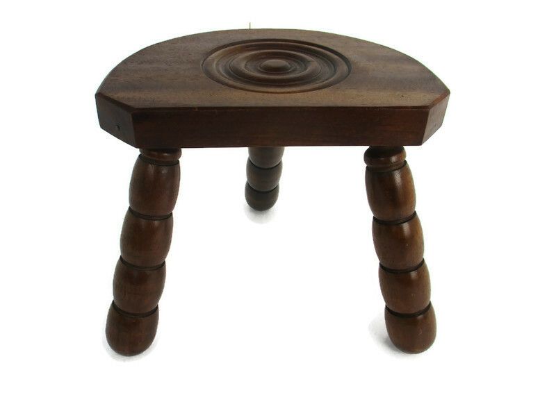 French Funky Hand Carved Wood Tripod Milking Stool Pedestal Table Pedestal