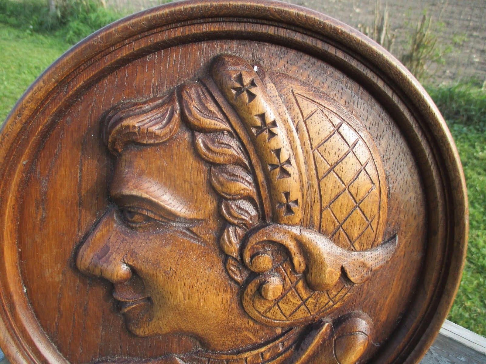 Hand Carved Wood Plate Woman Head Folk Art Signed Verbeke Wall Hanging photo for sale