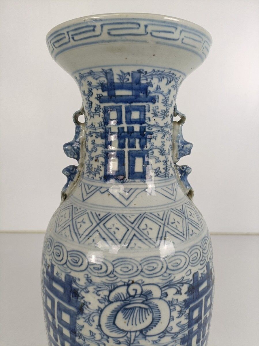 Antique 19th Century Happiness Vase Urn Ginger Jar Wedding Bliss Blue White Ch photo Home Decor