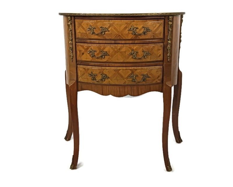 Cabinet Wood Marble Top Inlay Marquetry Brass Trims Commode End Table Vintage It
