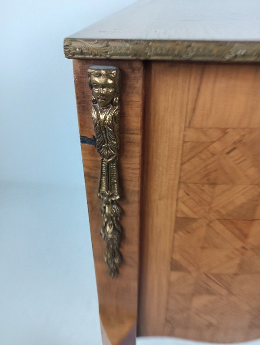 photo for sale Cabinet Wood Marble Top Inlay Marquetry Brass Trims Commode End Table Vintage It