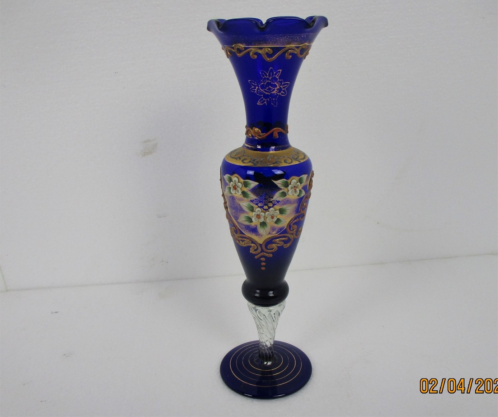 Moser Art Glass Hand Painted Small Vase Twisted Stem Gold Gilded Bohemian Czech photo furniture