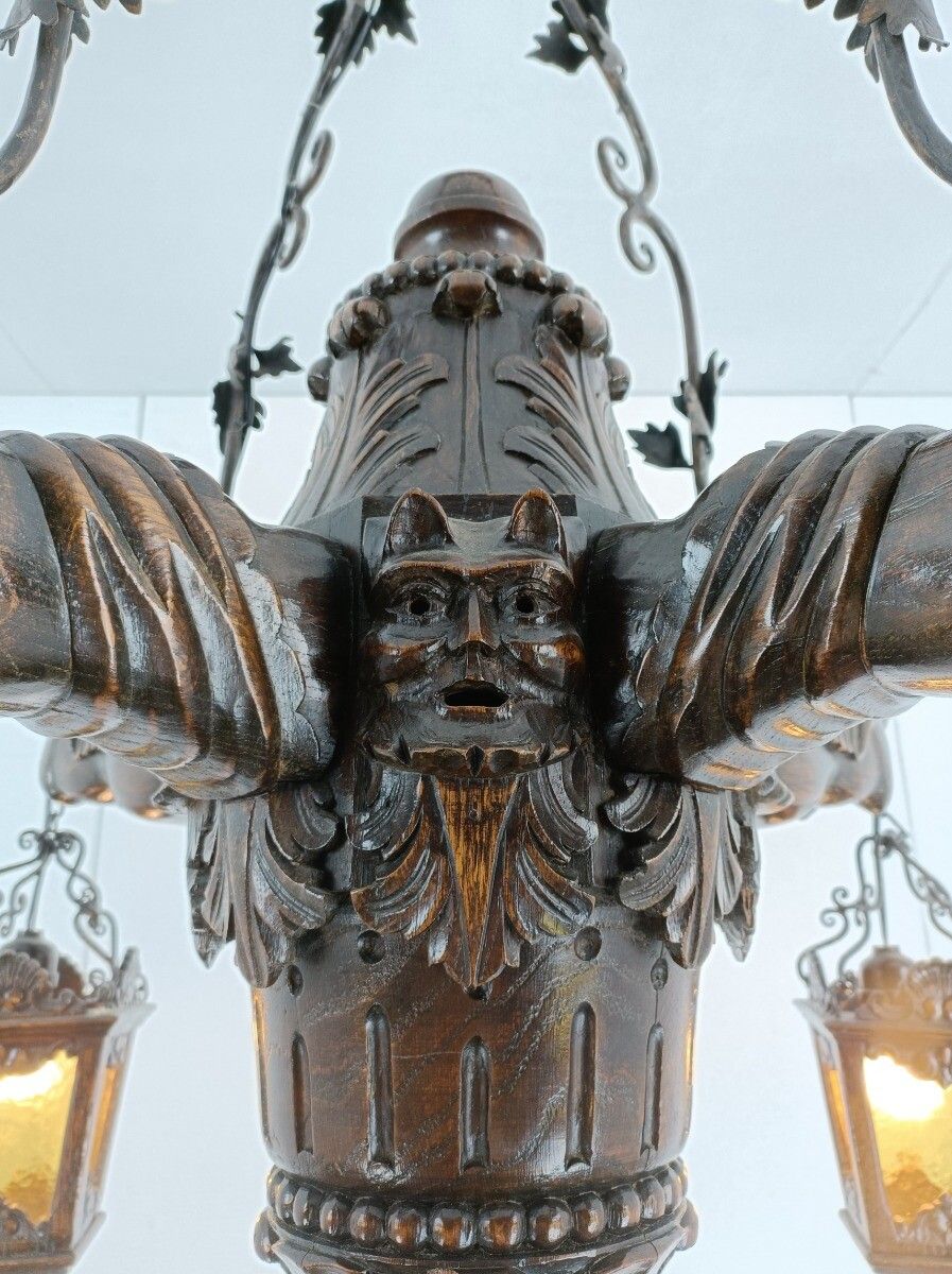 Gothic Chandelier Antique Gargouilles Oak Wood 1900 Huge 4 Lights Exquisite Wow photo 3639.0
