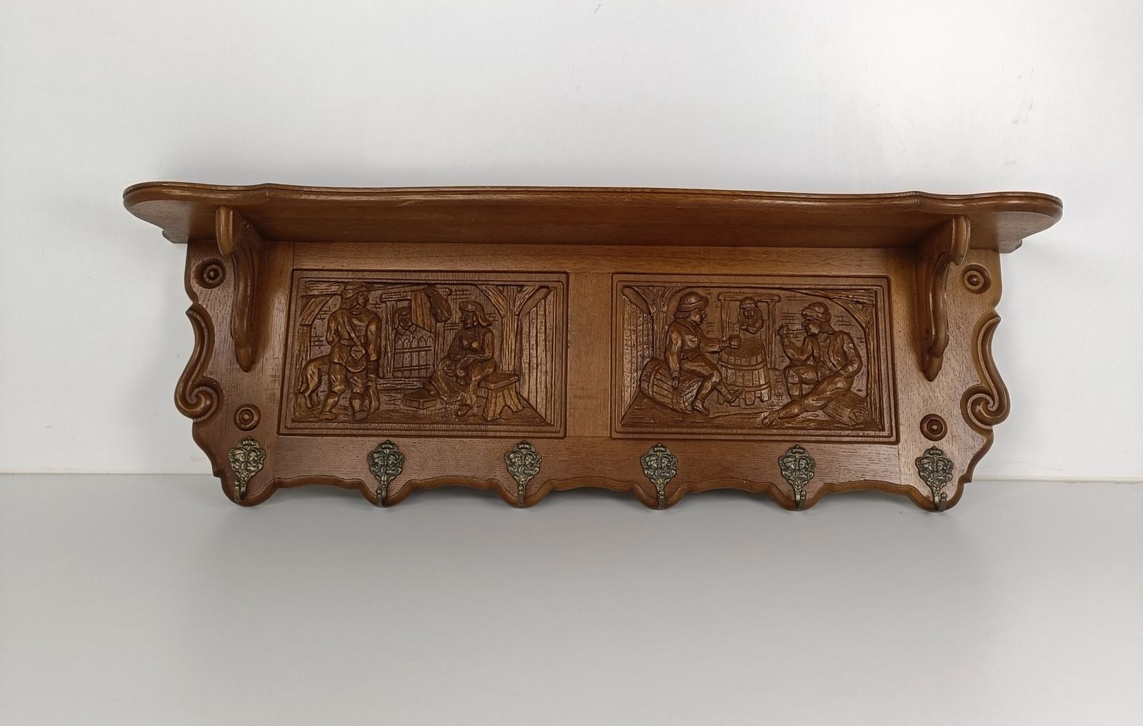 Gorgeous Hand Carved Wood  Coat Hat Rack Breughel Style Figurines Panels Antiq photo furniture