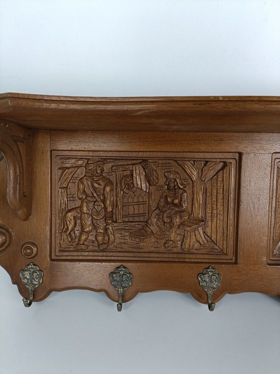 Gorgeous Hand Carved Wood  Coat Hat Rack Breughel Style Figurines Panels Antiq photo vinterior
