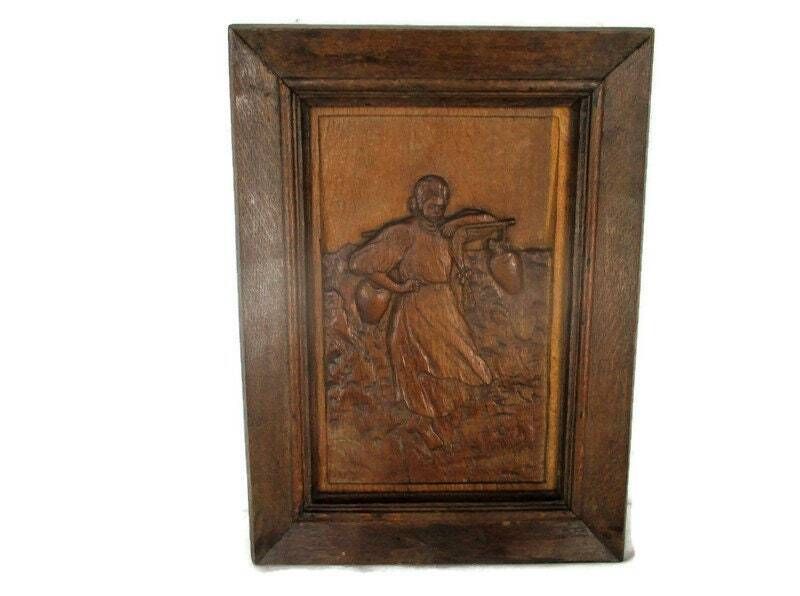 Hand Carved Wood Wall Art Panel Bas Relief Woman Carrying Water Buckets Rebecca