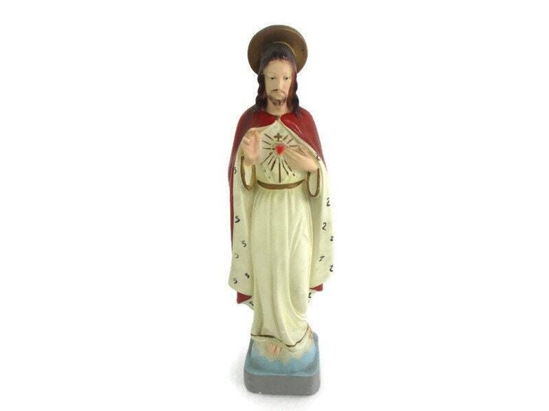 Antique Statue Jesus Christ Savior Sacred Heart Art Deco 1920s Plaster 12.79&Quo