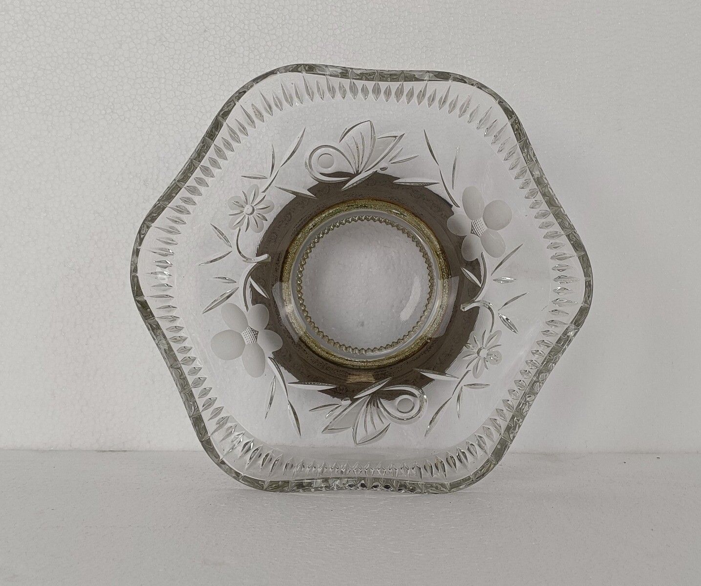 Vintage Modernist Centerpiece Dish Etched Glass Silverplated Stem And Base photo furniture