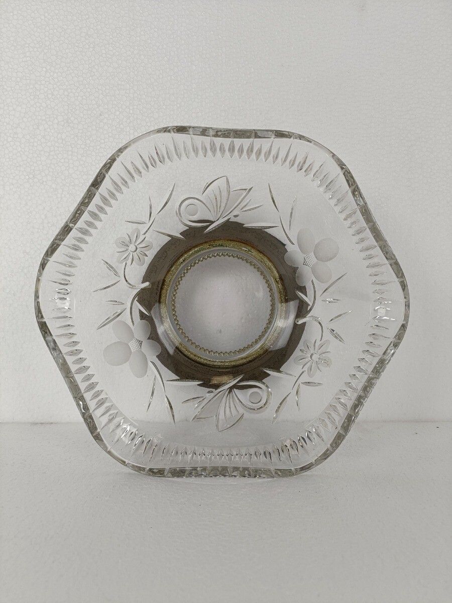 Vintage Modernist Centerpiece Dish Etched Glass Silverplated Stem And Base photo for sale