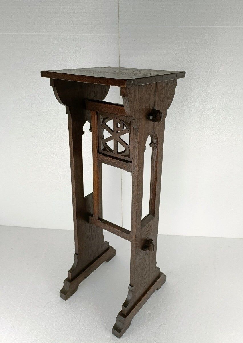 Antique Neo Gothic French Oak Pedestal Stand Church Hand Carved 19th Century Gor photo furniture