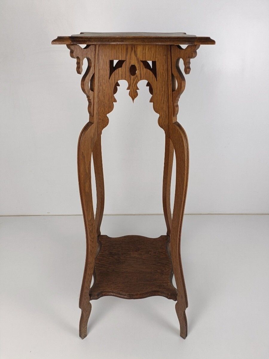 Art Noveau Antique Pedestal Plant Stand Two Tier Side Table, Bonsai Table Carved photo for sale