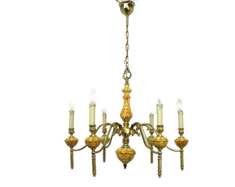 Chandelier Brass Brown Amber Porcelain Brass 6 Lights Hollywood Regency Style