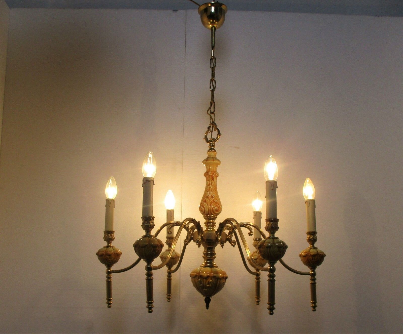 Chandelier Brass Brown Amber Porcelain Brass 6 Lights Hollywood Regency Style photo Lighting
