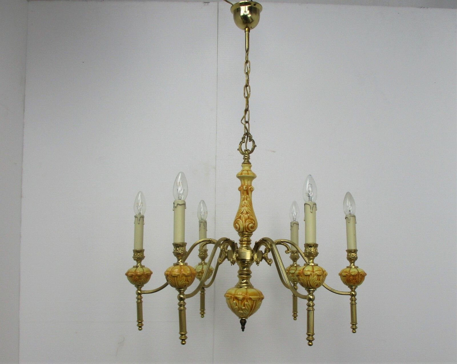 Chandelier Brass Brown Amber Porcelain Brass 6 Lights Hollywood Regency Style photo vinterior