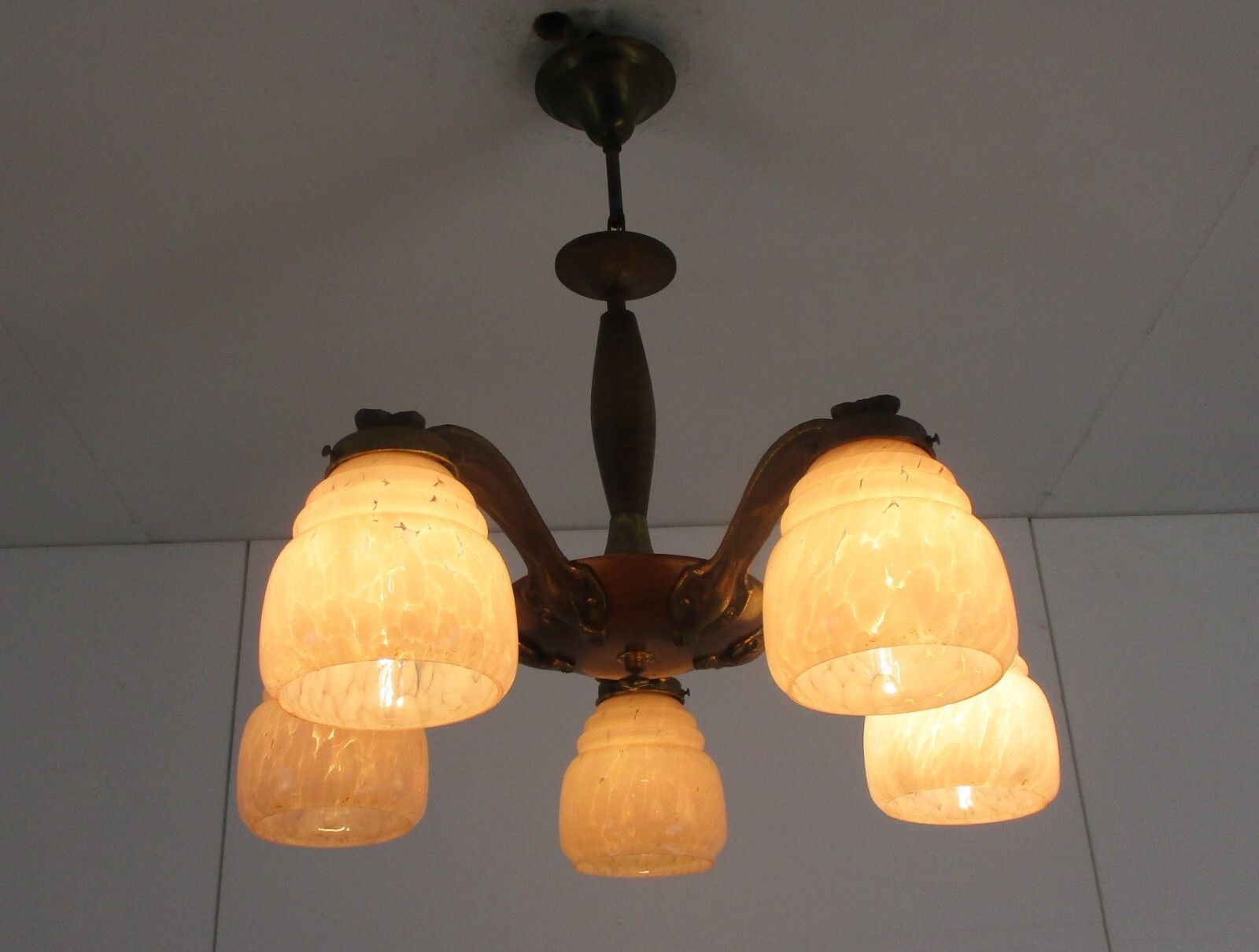 Chandelier 6 Arms Lights Art Deco Marbled Glass Pink Shades Spider Antique photo for sale