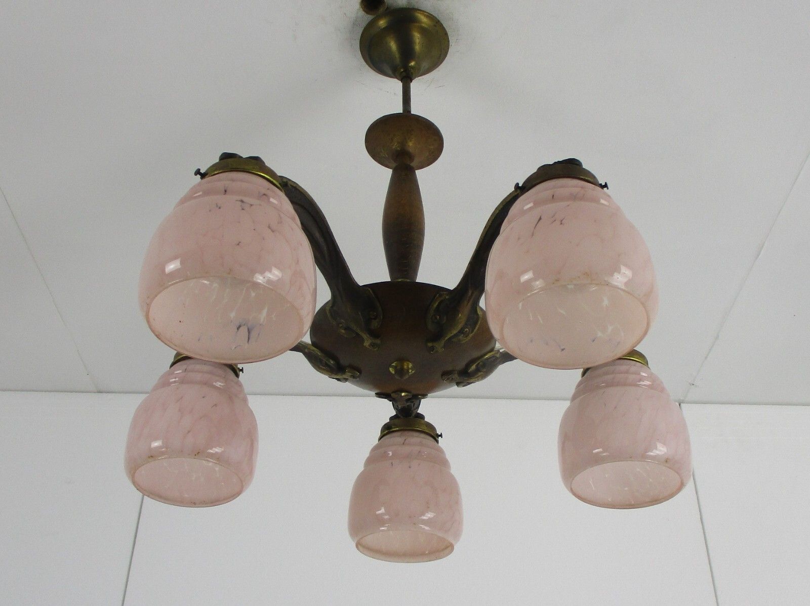 Chandelier 6 Arms Lights Art Deco Marbled Glass Pink Shades Spider Antique photo 445.0