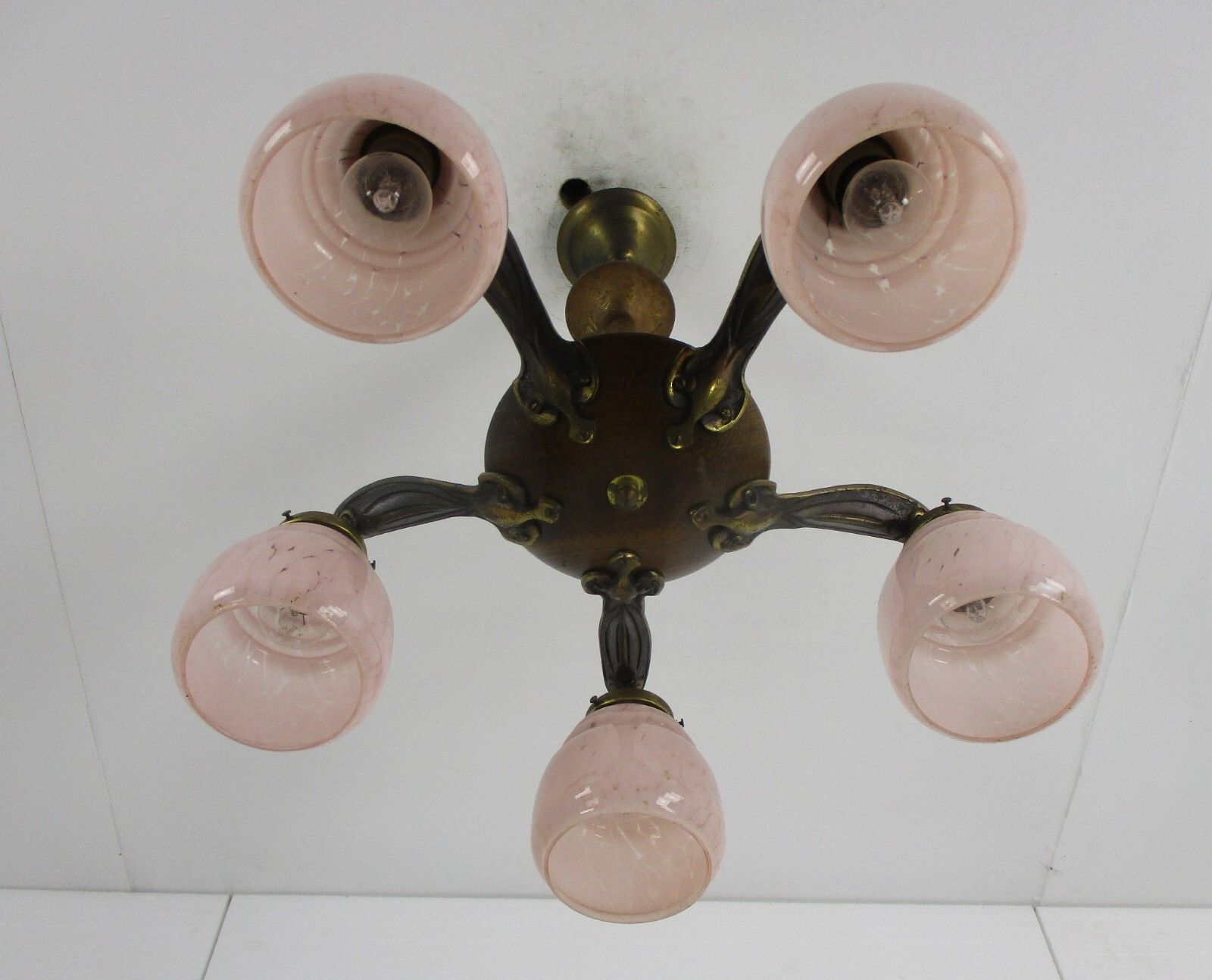 Chandelier 6 Arms Lights Art Deco Marbled Glass Pink Shades Spider Antique photo vintage