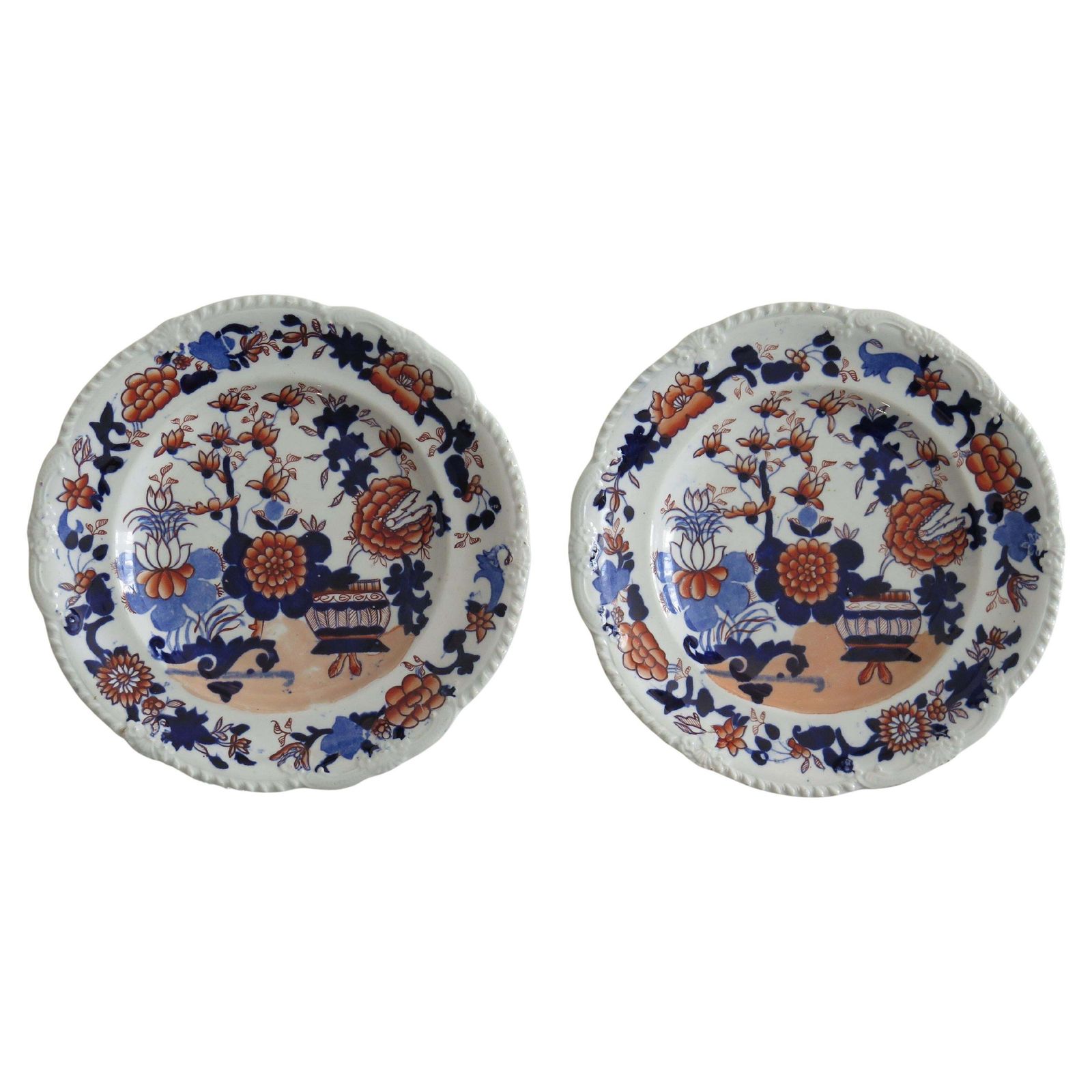 Set Of Two (A) Georgian Masons Ironstone Desert Plates Basket Japan Ptn, Ca 1818