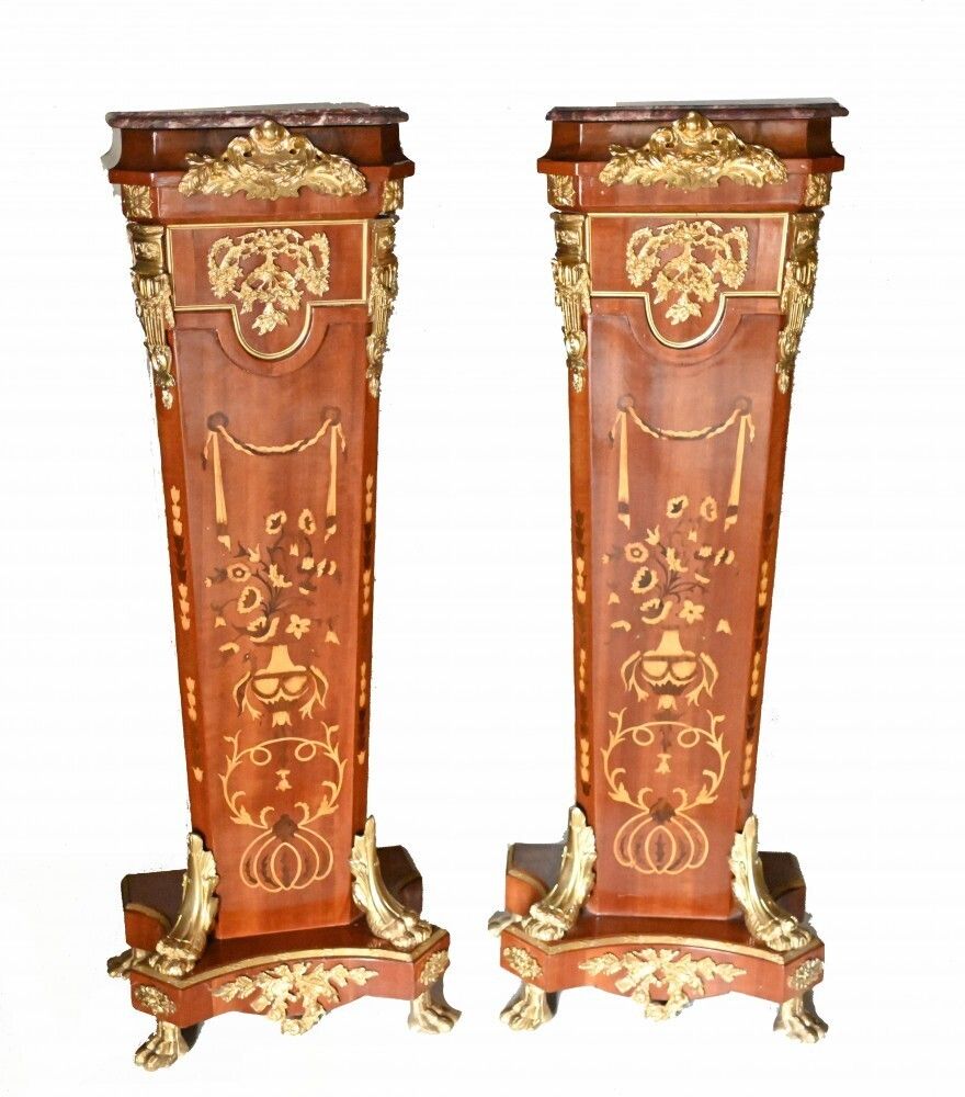 Pair Pedestal Stands French Empire Tall Tables Inlay photo furniture