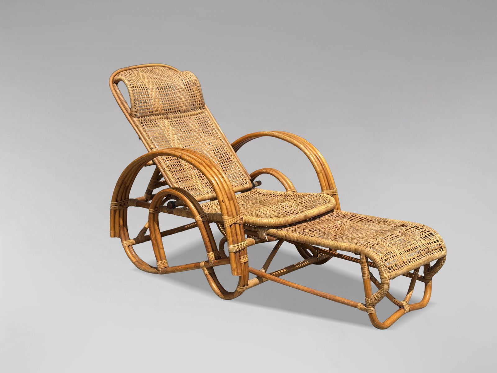 1950's Italian Bamboo & Rattan Chaise Longue Sun Lounger