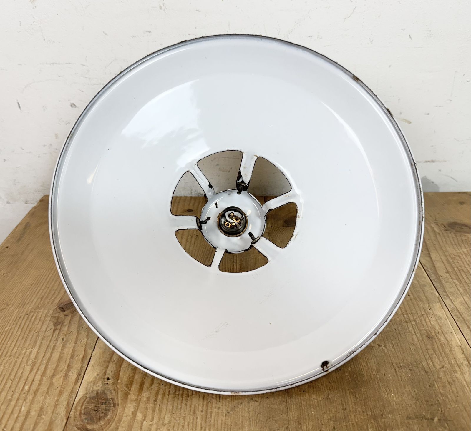 Industrial White Enamel Factory Pendant Lamp, 1960s photo vinterior