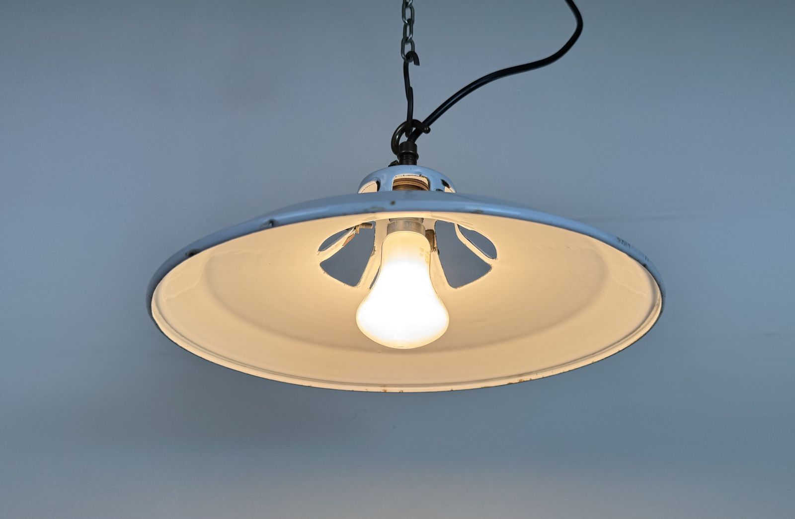 photo for sale Industrial White Enamel Factory Pendant Lamp, 1960s