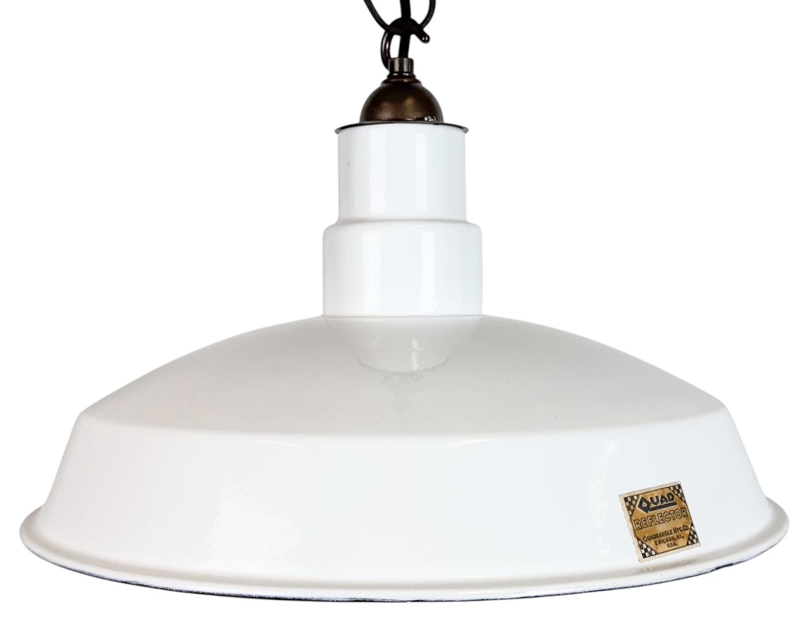 Industrial White Enamel Factory Pendant Lamp From Quadrangle Mfg. Co., 1960s, 5x