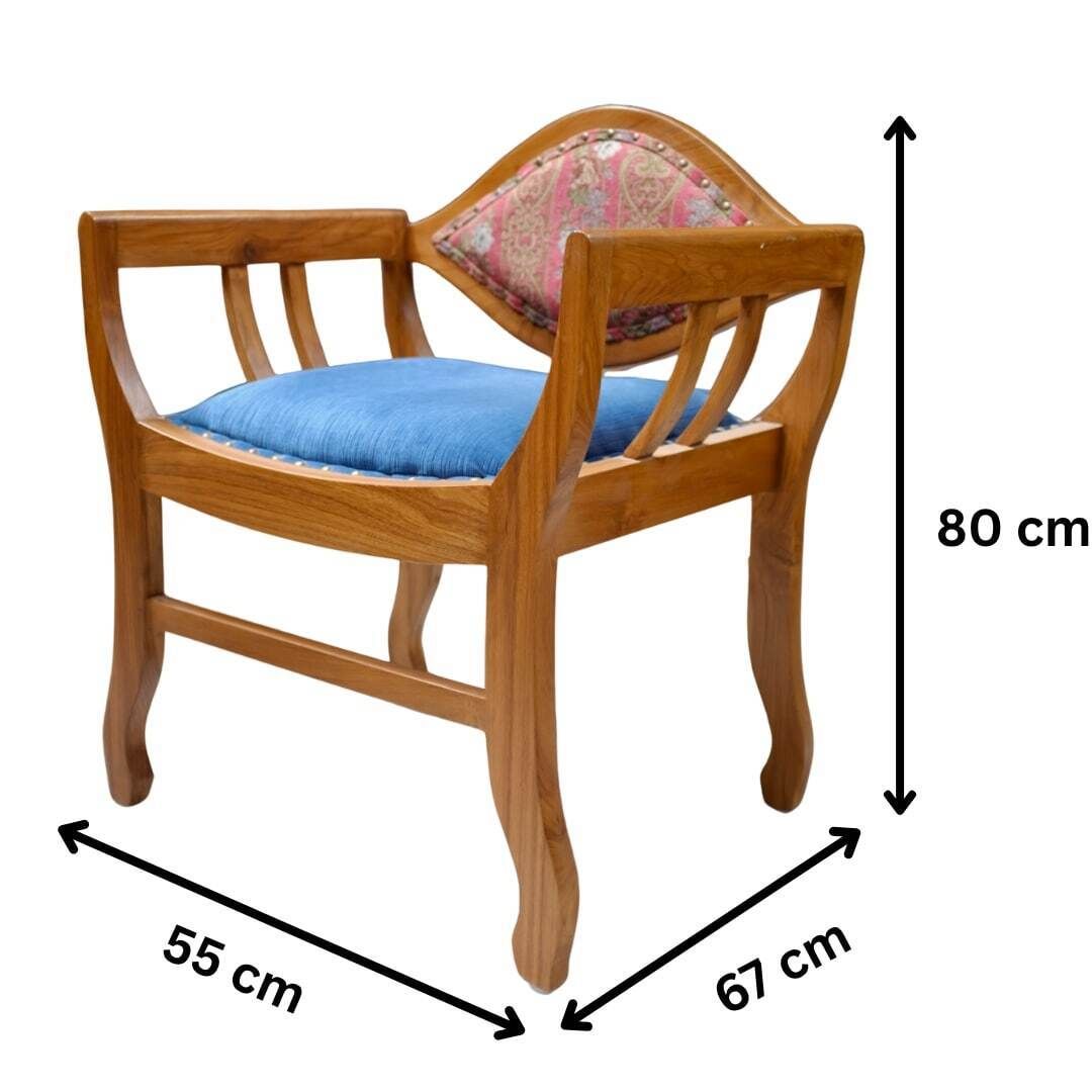 Pair Of Vintage Indian Teakwood Armchairs | Late 20th Century Style | Lotus Backrest & Regal Upholstery photo for sale