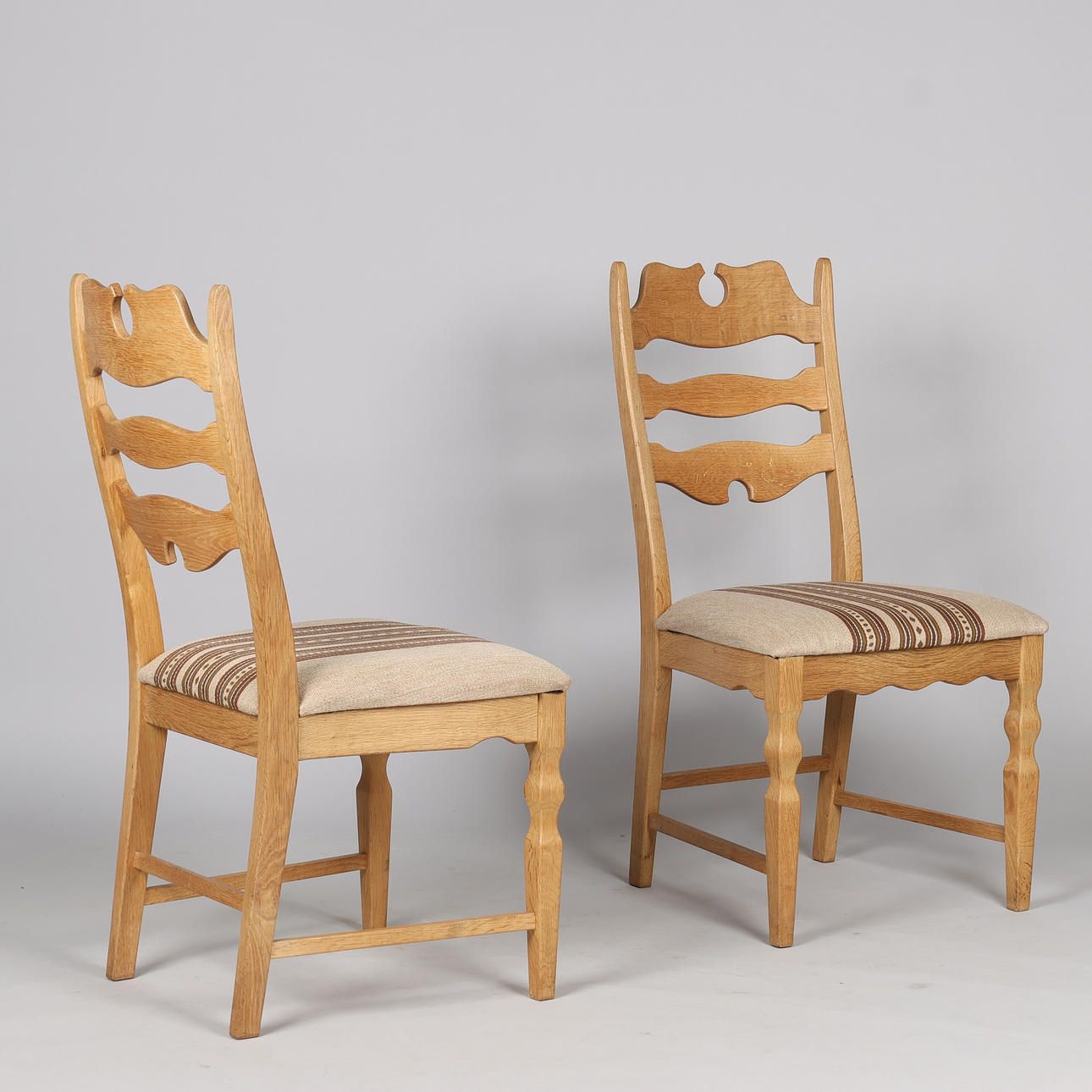Henry Kjærnulf (1911 1975). Six Chairs Made Of Oak, Seats Upholstered In Striped Wool, Eg Kvalitetmøbler, Denmark, Circa 1960s photo vinterior