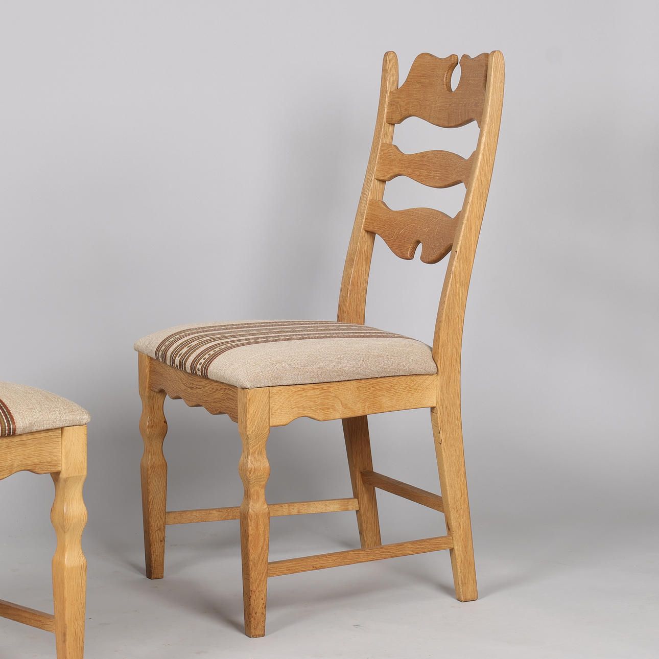 photo furniture Henry Kjærnulf (1911 1975). Six Chairs Made Of Oak, Seats Upholstered In Striped Wool, Eg Kvalitetmøbler, Denmark, Circa 1960s