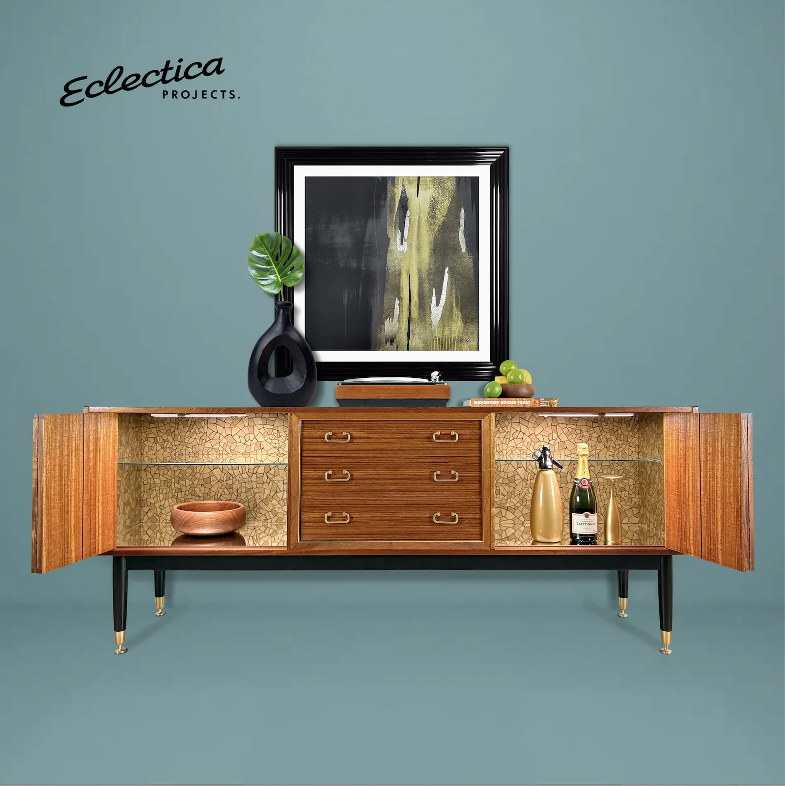 Mid 20th Century Vintage 'Librenza' Sideboard By G Plan In Tola And Black With Christian Lacroix Internal Design And Lighting