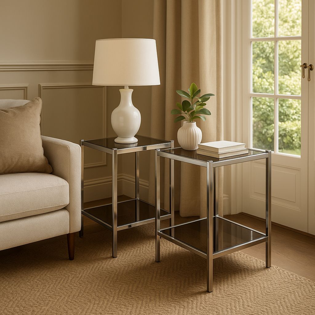 Pair Of Modernist Chrome & Smoked Glass Two Tier Side Tables Circa 1970 photo for sale