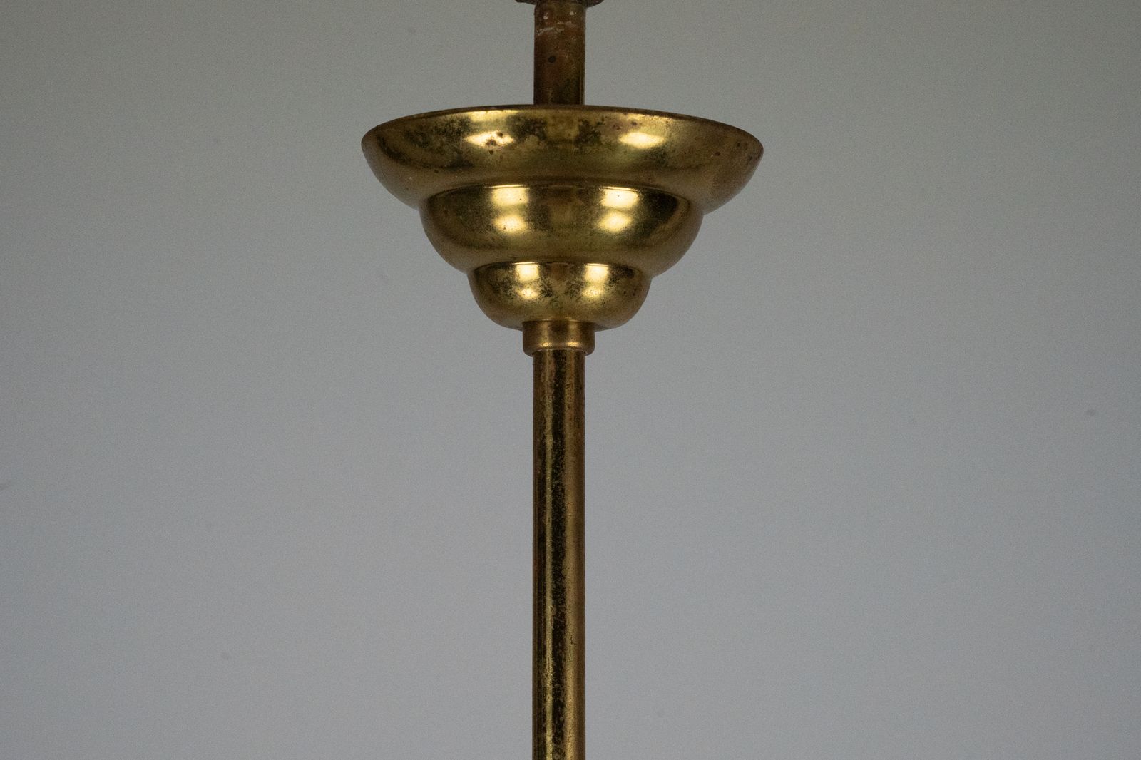 Midcentury 9 Arm Brass Chandelier With Green Lacquer & Opaline Glass. Italy 1950s photo Lighting