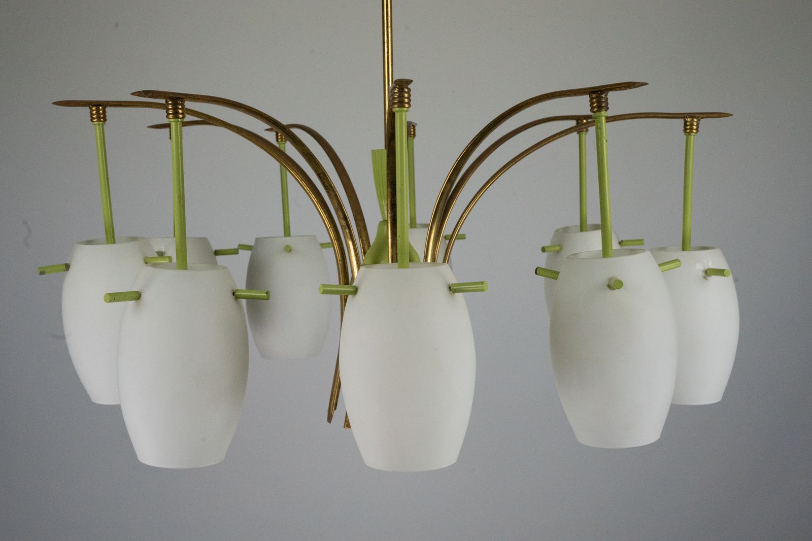 Midcentury 9 Arm Brass Chandelier With Green Lacquer & Opaline Glass. Italy 1950s photo vintage