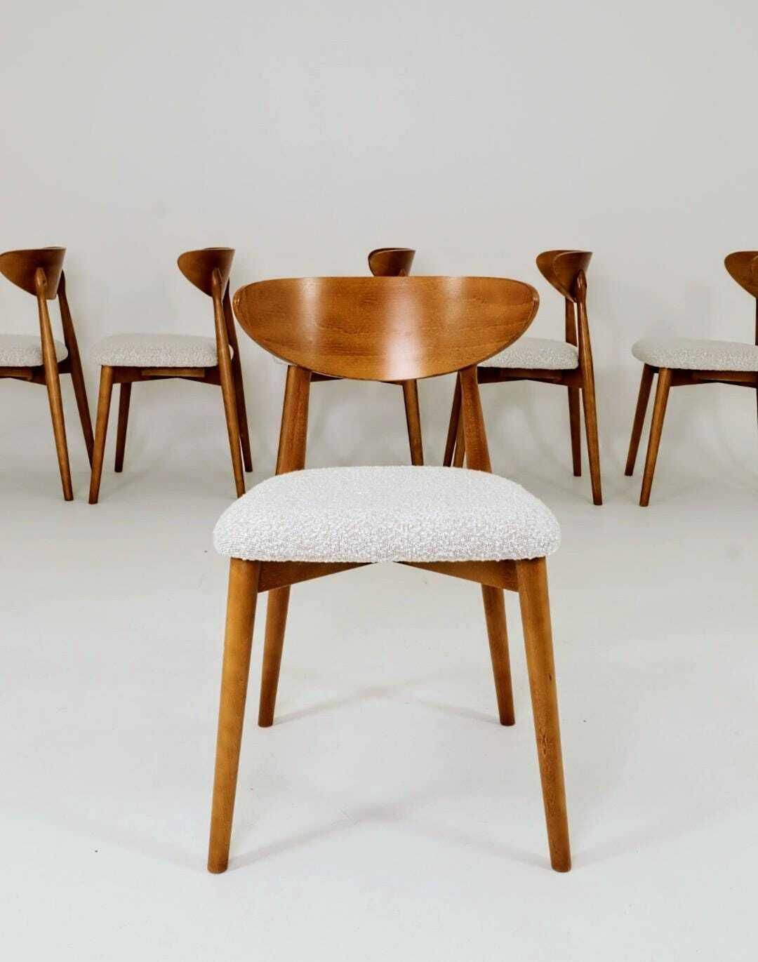 Set Of 6 Dining Chairs, Light Beech Wood, White Bouclè Fabric, Modern Design photo furniture
