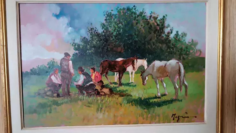 Oil Painting Country Landscape Horses Fausto Magni ( Florence 1906 1985 ) photo furniture